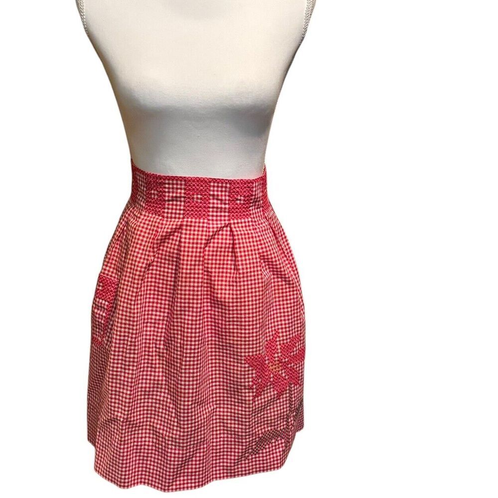 Vintage‎ Red & White Gingham Handmade Apron with Cross Stitch Design & Pocket